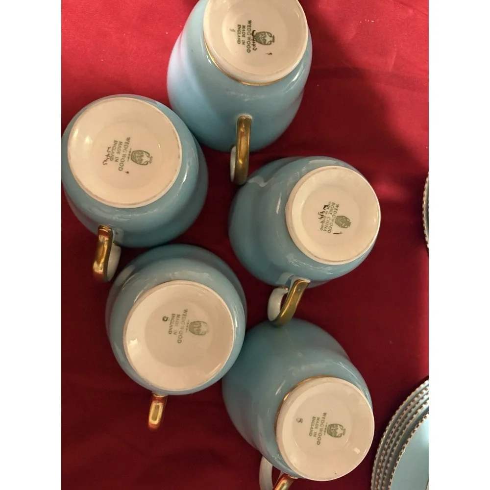 Wedgwood W4143 Sky Blue Gold Beaded Tea Set Fine Bone China England - 20 Pcs